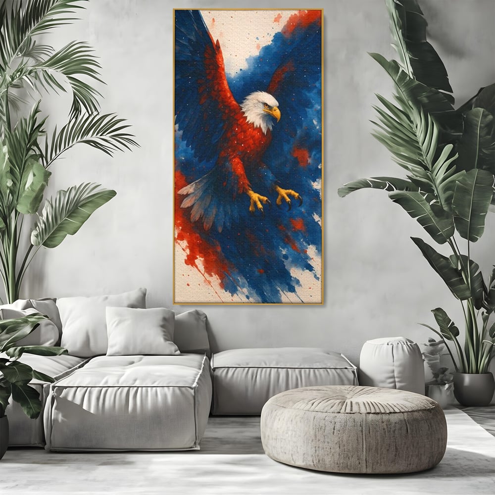 Tablou canvas cu tablou canvas vultur in zbor, in rama de aluminiu auriu, pe perete intr-un living